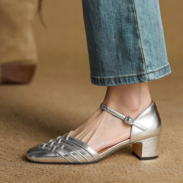 Women's tan leather block heel pumps with elegant woven toe detail, versatile desk-to-dinner style