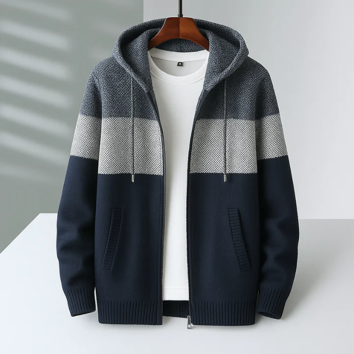 Men's color block knit zip hoodie fleece lined sweatshirt warm layering streetwear