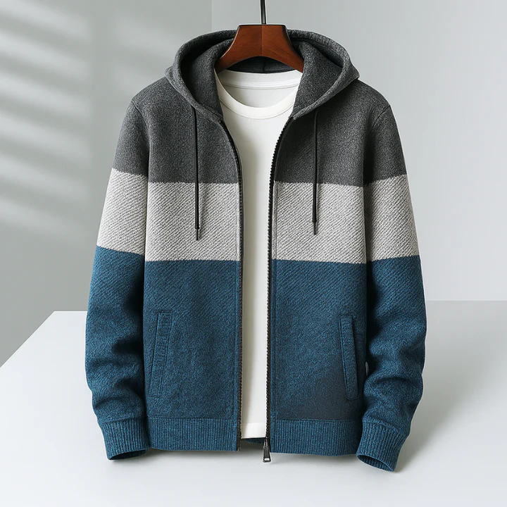 Men's color block knit zip hoodie fleece lined sweatshirt warm layering urban style