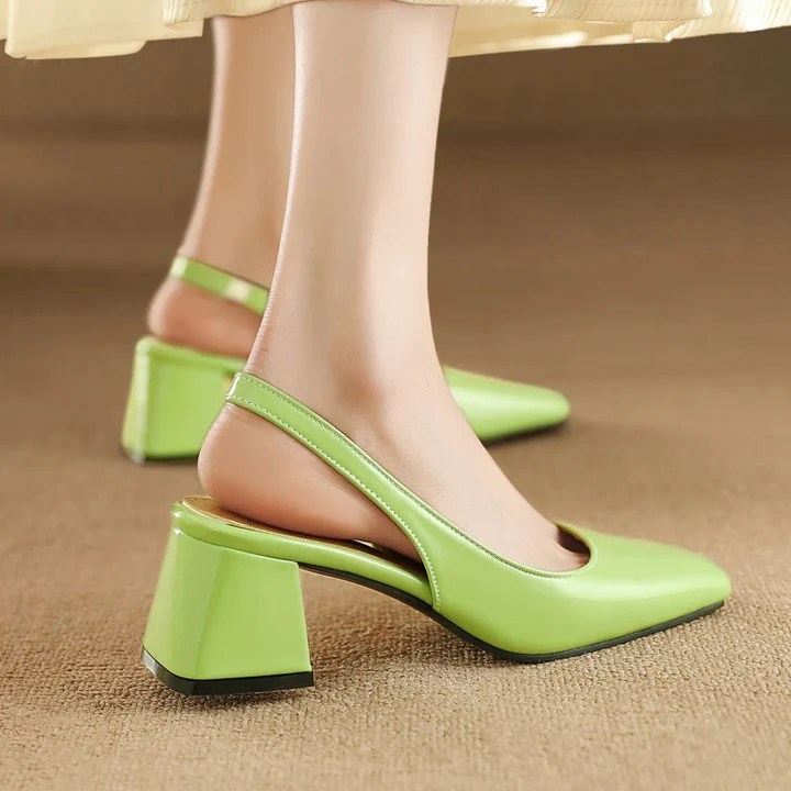 Women's faux leather slingback block heel pump with secure ankle strap, versatile day-to-night style