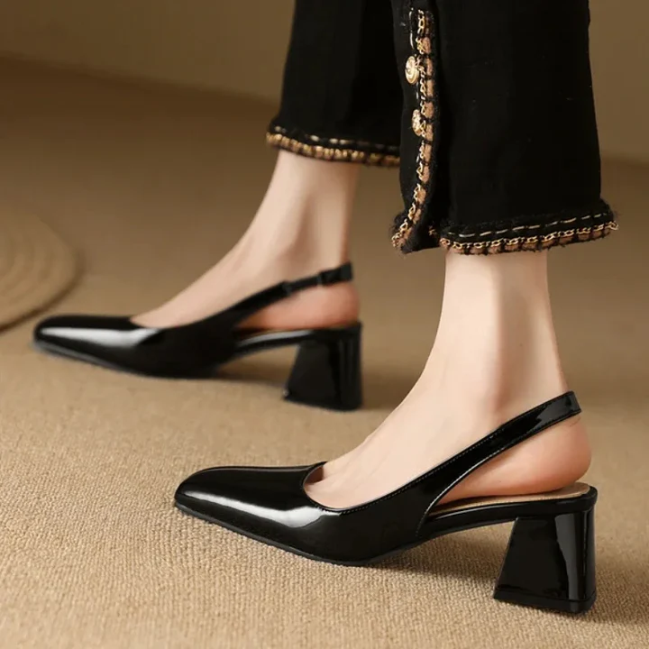 Women's faux leather slingback block heel pump with secure ankle strap, versatile day-to-night style