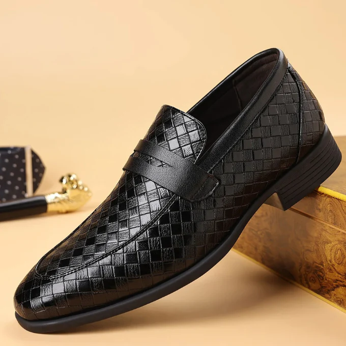 Men's brown woven leather loafers slip-on Italian handcrafted textured upper classic style