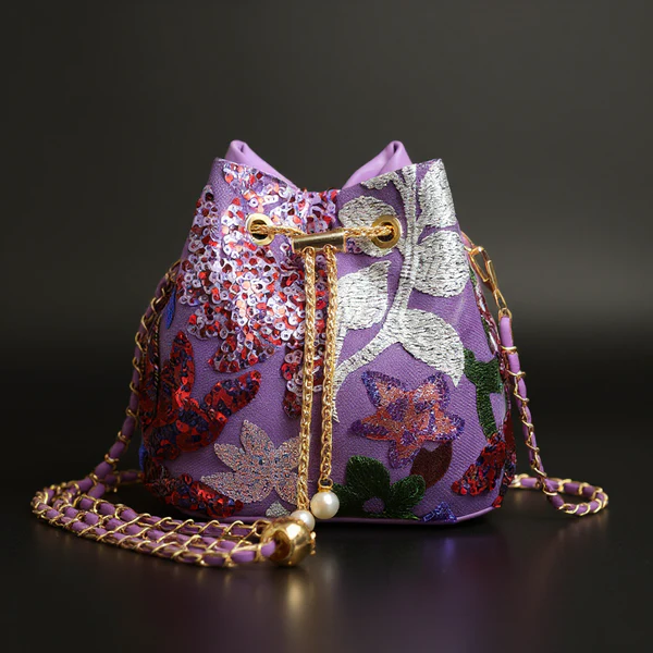 TrendAura Carmelle compact evening bag hand-embellished cascading sequins metallic drawstring glam clutch