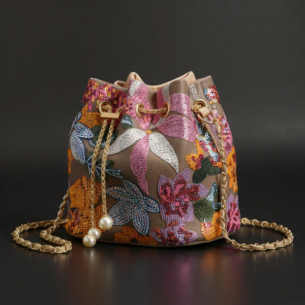 TrendAura Carmelle compact evening bag hand-embellished cascading sequins metallic drawstring glam night