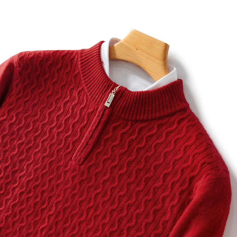Men's camel cashmere half-zip sweater with cable knit texture, lightweight luxury layering piece