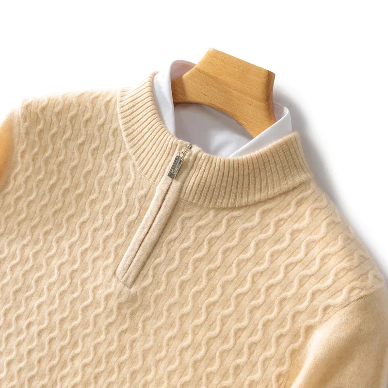 Men's cashmere half-zip sweater with cable knit texture, soft lightweight layering piece