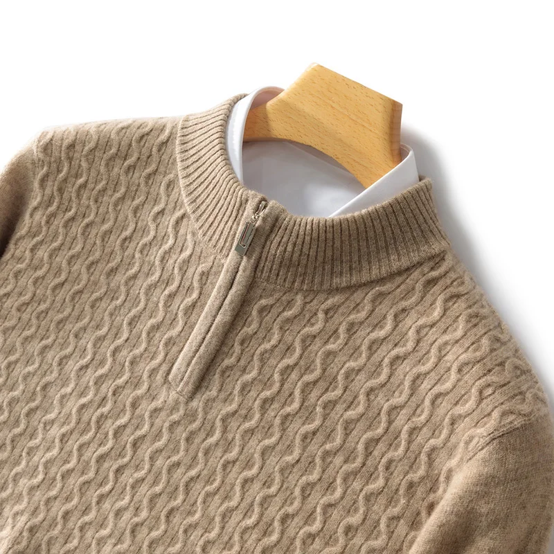 Men's ivory cashmere half-zip sweater with cable knit texture, lightweight luxury layering piece
