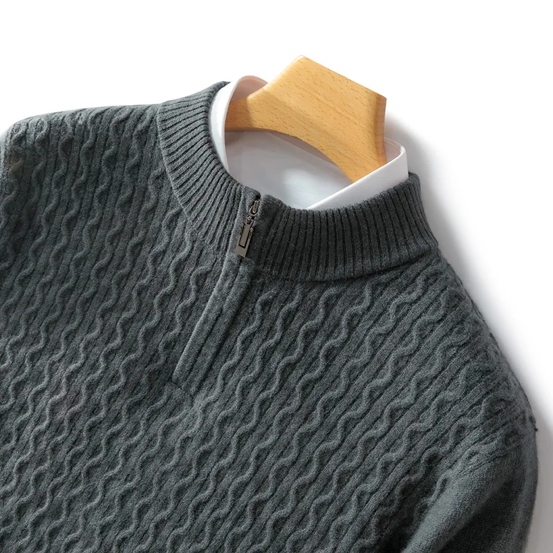 Men's beige cashmere half-zip sweater with cable knit texture, lightweight luxury layering piece