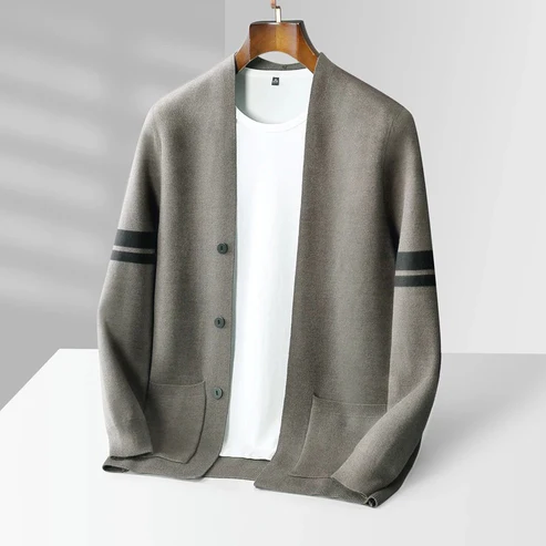Men's beige relaxed-fit knit cardigan with ribbed trim and subtle sleeve stripes