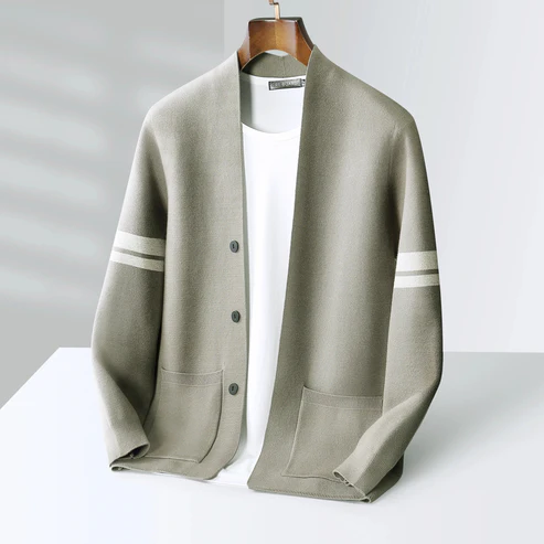 Men's beige relaxed-fit knit cardigan with ribbed trim and subtle sleeve stripes