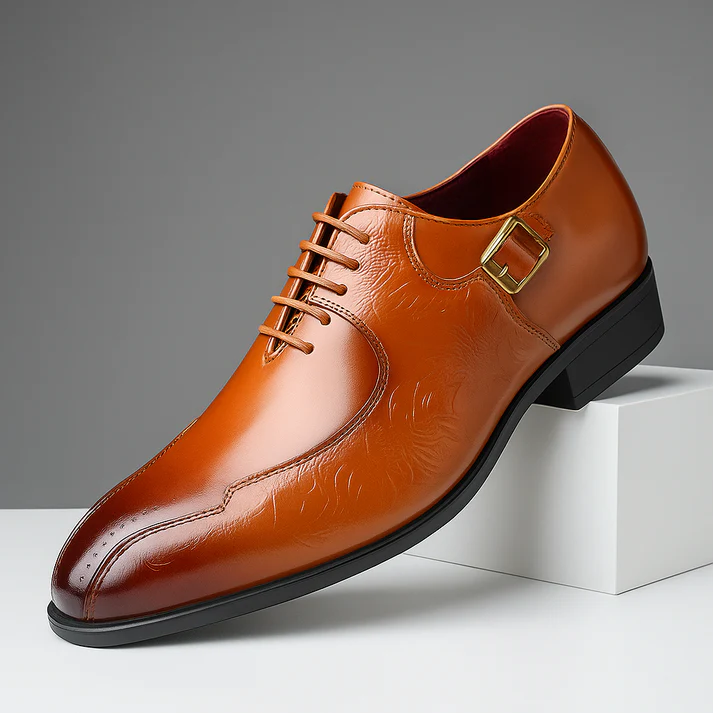 Men's polished genuine leather Oxford shoes black dual lace buckle engraved detailing cushioned