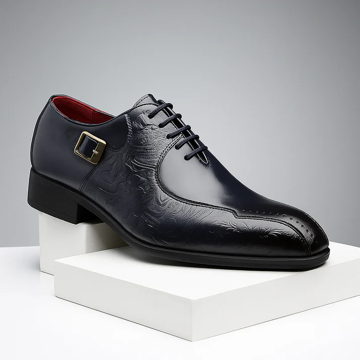 Men's polished black leather Oxford shoes dual lace buckle closure and engraved detailing