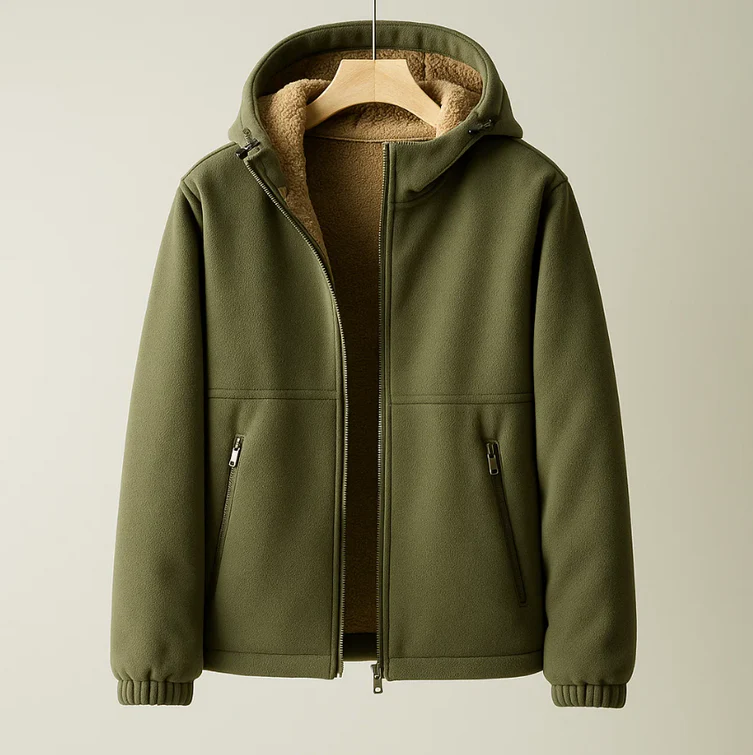 Men's caramel-brown fleece hooded jacket structured shell with cashmere-blend lining