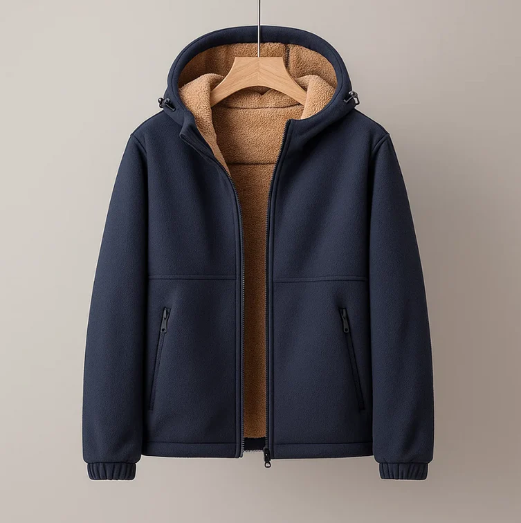 Men's caramel-brown fleece hooded jacket structured shell with cashmere-blend lining