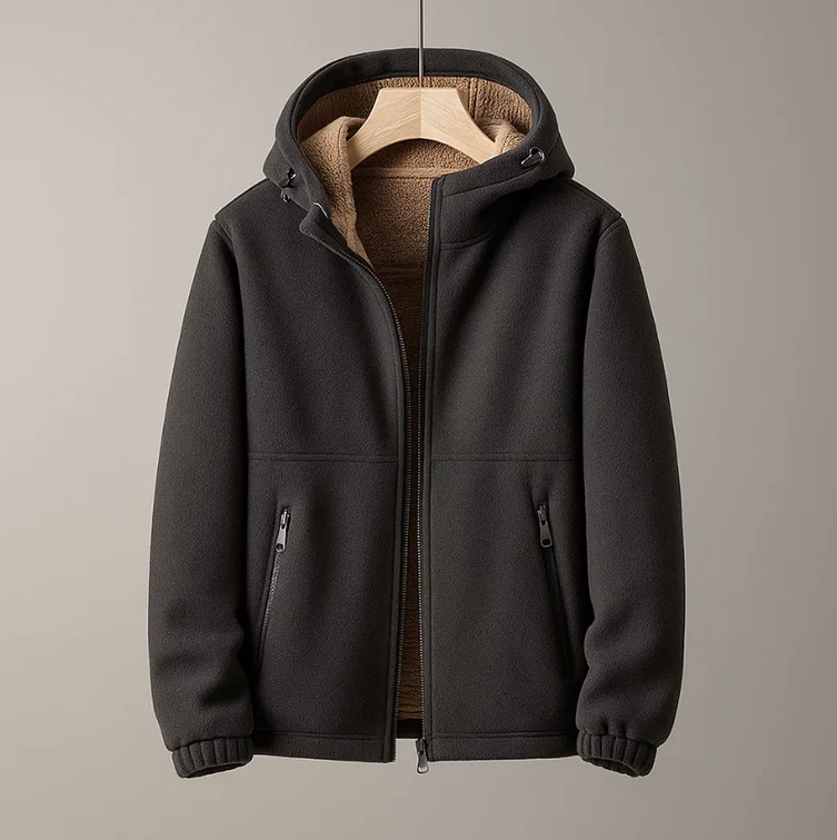 Men's caramel-brown fleece hooded jacket structured shell with cashmere-blend lining