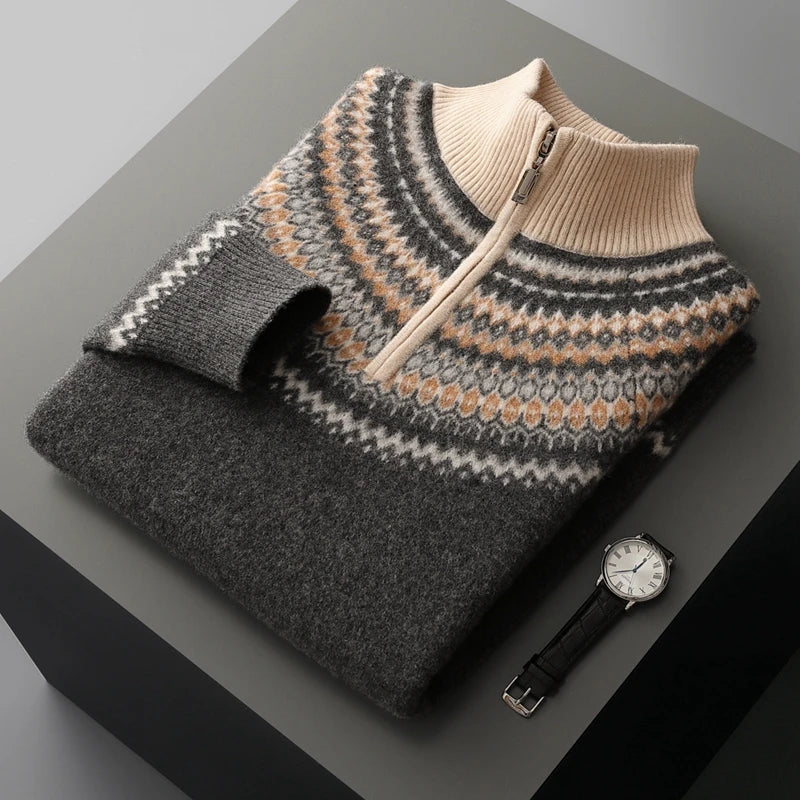 Men's half-zip wool blend sweater textured knit subtle sheen structured drape versatile layer