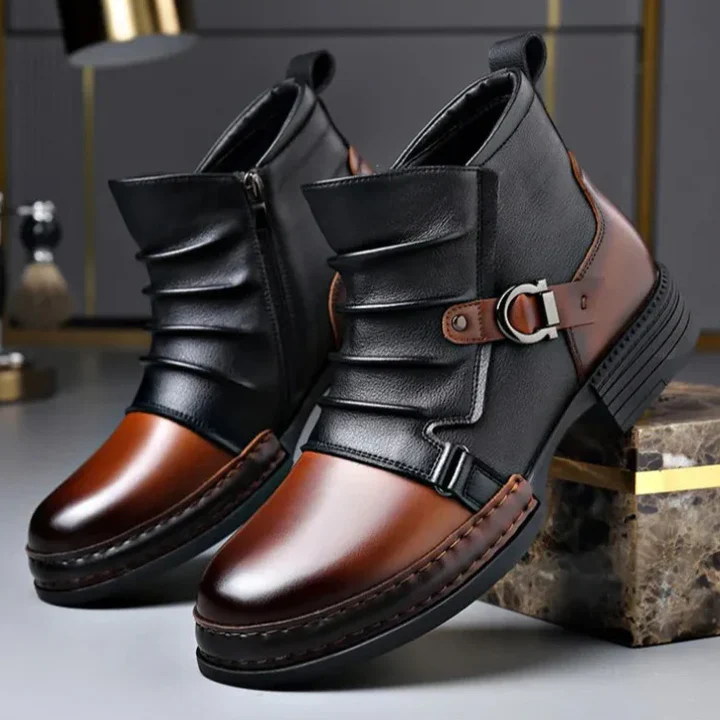 Men's black sculpted leather boots with bold metal buckle accent and structured panel design