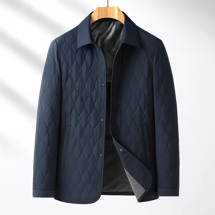 Men's navy blue quilted silk-lined jacket lightweight teardrop pattern cotton shell refined fit