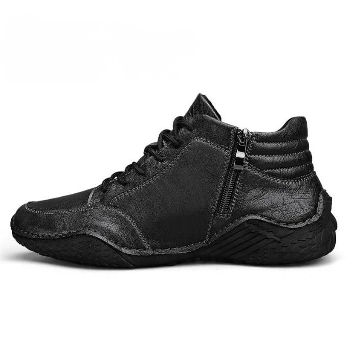 Men's brown leather ankle boots with zip-lace hybrid closure and stacked rubber sole for urban style