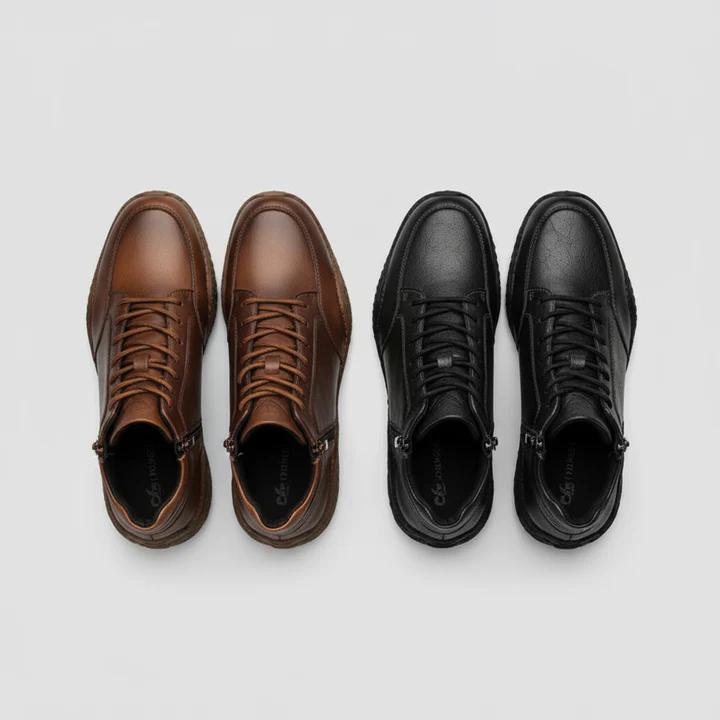 Men's smooth-grain leather ankle boots with zip-lace hybrid closure and stacked rubber sole