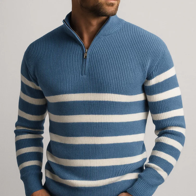 Men's black knit half-zip sweater with bold white horizontal stripes minimalist Carlier style