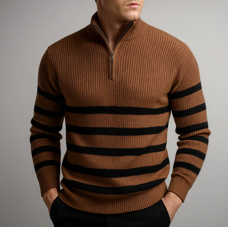 Men's black knit half-zip sweater with bold white horizontal stripes minimalist slim fit