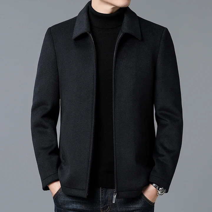 Men's charcoal wool jacket structured fit modern minimalist cut with subtle zip details