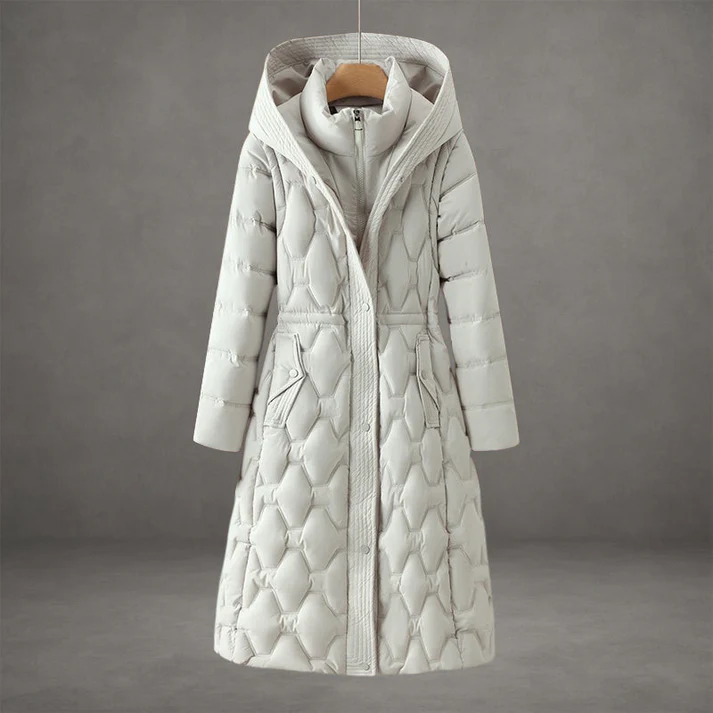 Women's black longline quilted hooded coat with sleek tailoring and insulated soft lining