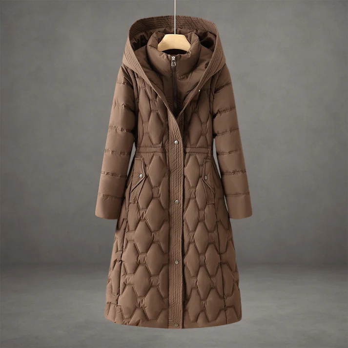 Women's longline quilted hooded coat sleek tailored silhouette with insulated soft lining