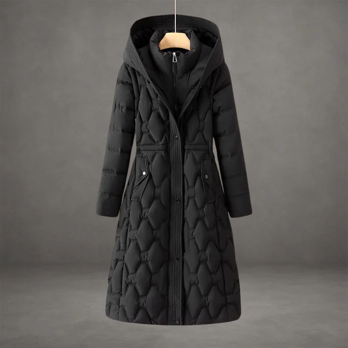 Women's black longline quilted hooded coat with sleek tailoring and insulated soft lining