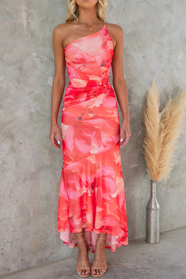 Women's floral A-line one shoulder dress asymmetric neckline chic day-to-night silhouette