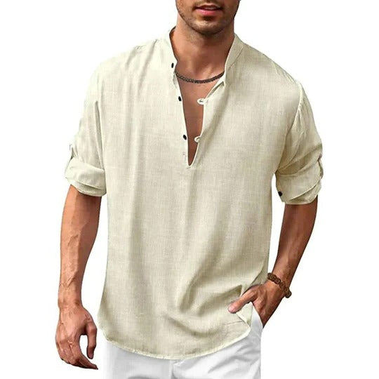 Men's linen-look shirt modern shaped fit long sleeve versatile casual formal wear