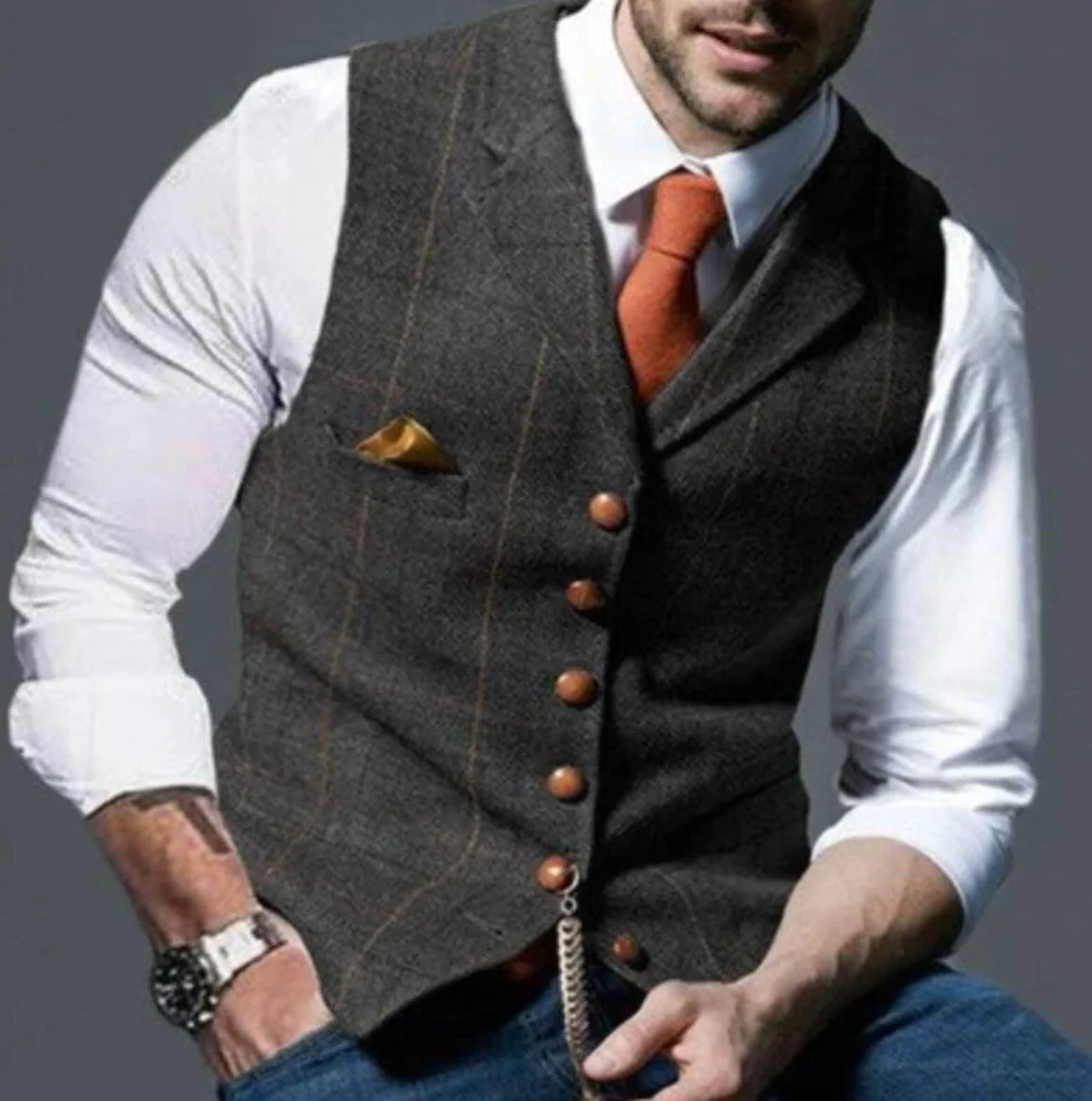 Men's vintage charcoal waistcoat modern slim fit with classic tailoring buttons for formal casual wear