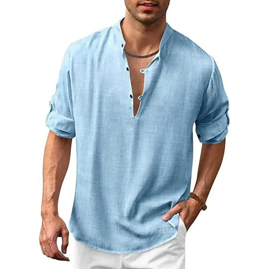 Men's linen-look dress shirt modern shaped fit long sleeve versatile casual formal wear