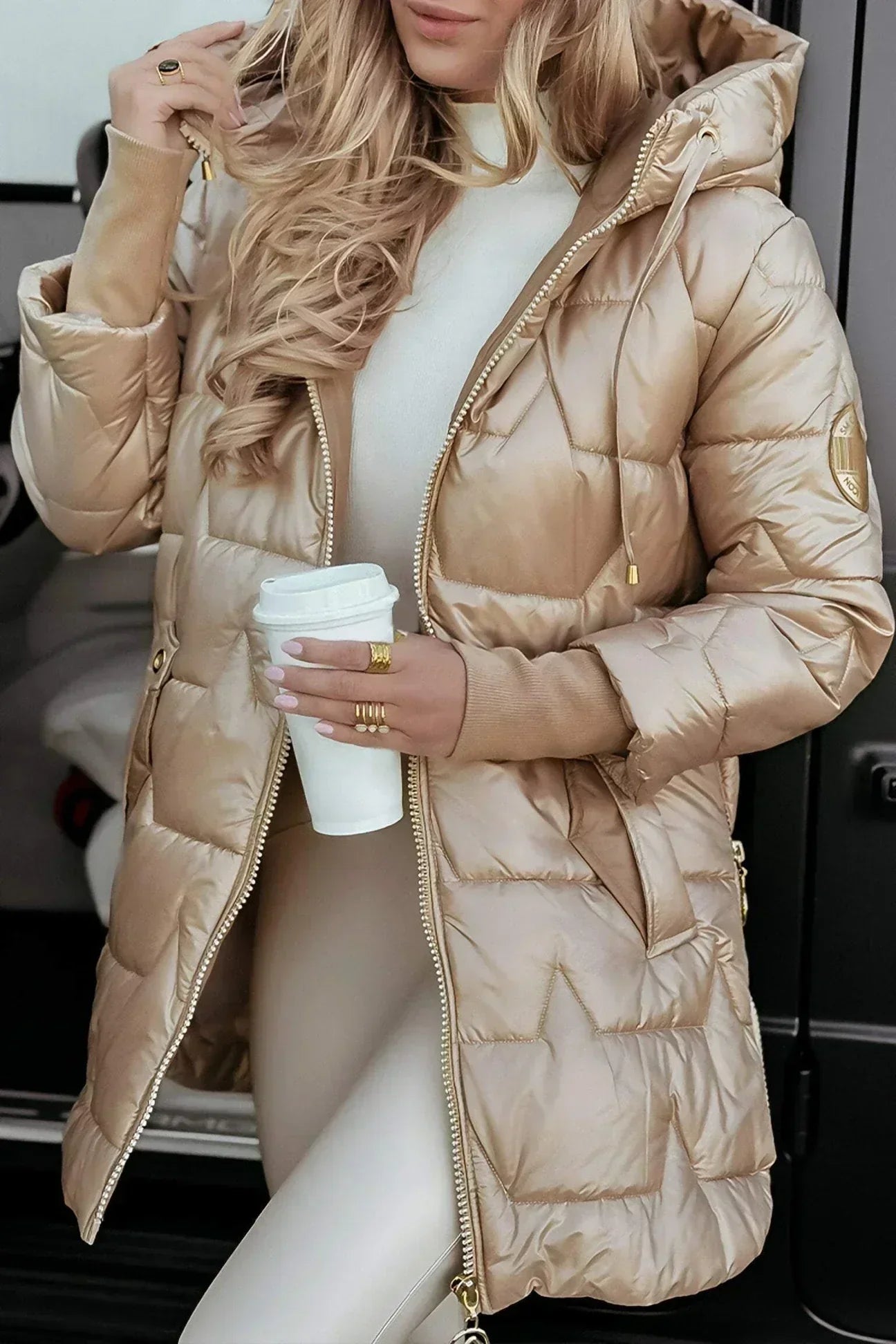 Women's longline quilted puffer coat hooded slim-fit cold-weather insulated silhouette for everyday wear
