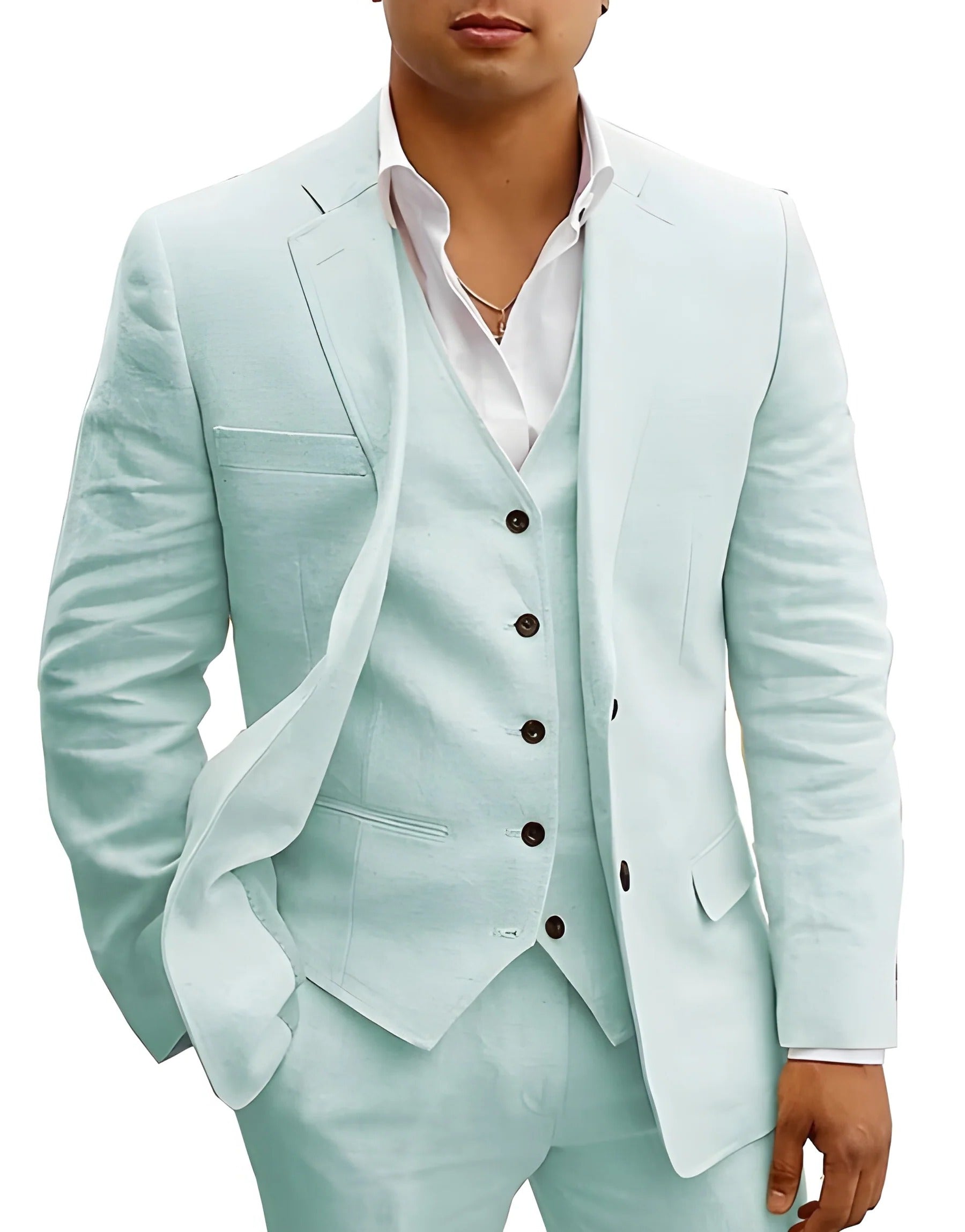 Men's light beige three-piece summer suit slim-fit jacket waistcoat trousers breathable beach wedding style