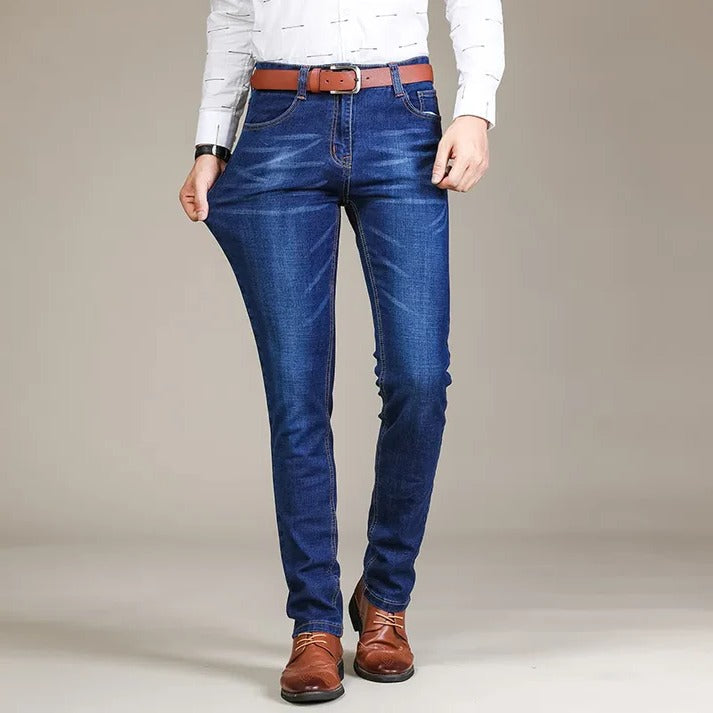 Men's dark blue stretch slim-fit denim jeans with flexible fabric for all-day comfort and modern look