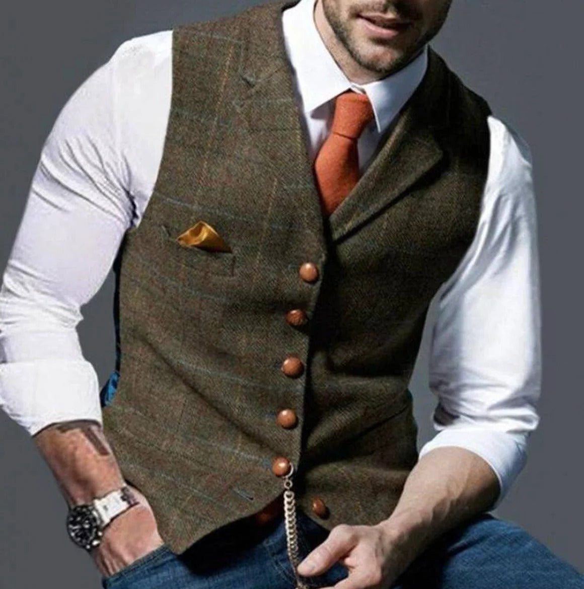 Men's vintage charcoal waistcoat modern slim fit with classic tailoring buttons for formal casual wear