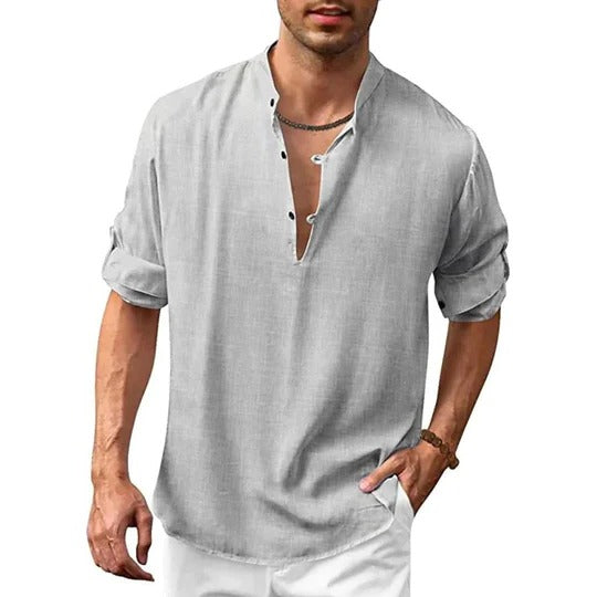 Men's linen-look shirt modern shaped fit long sleeve versatile casual formal wear