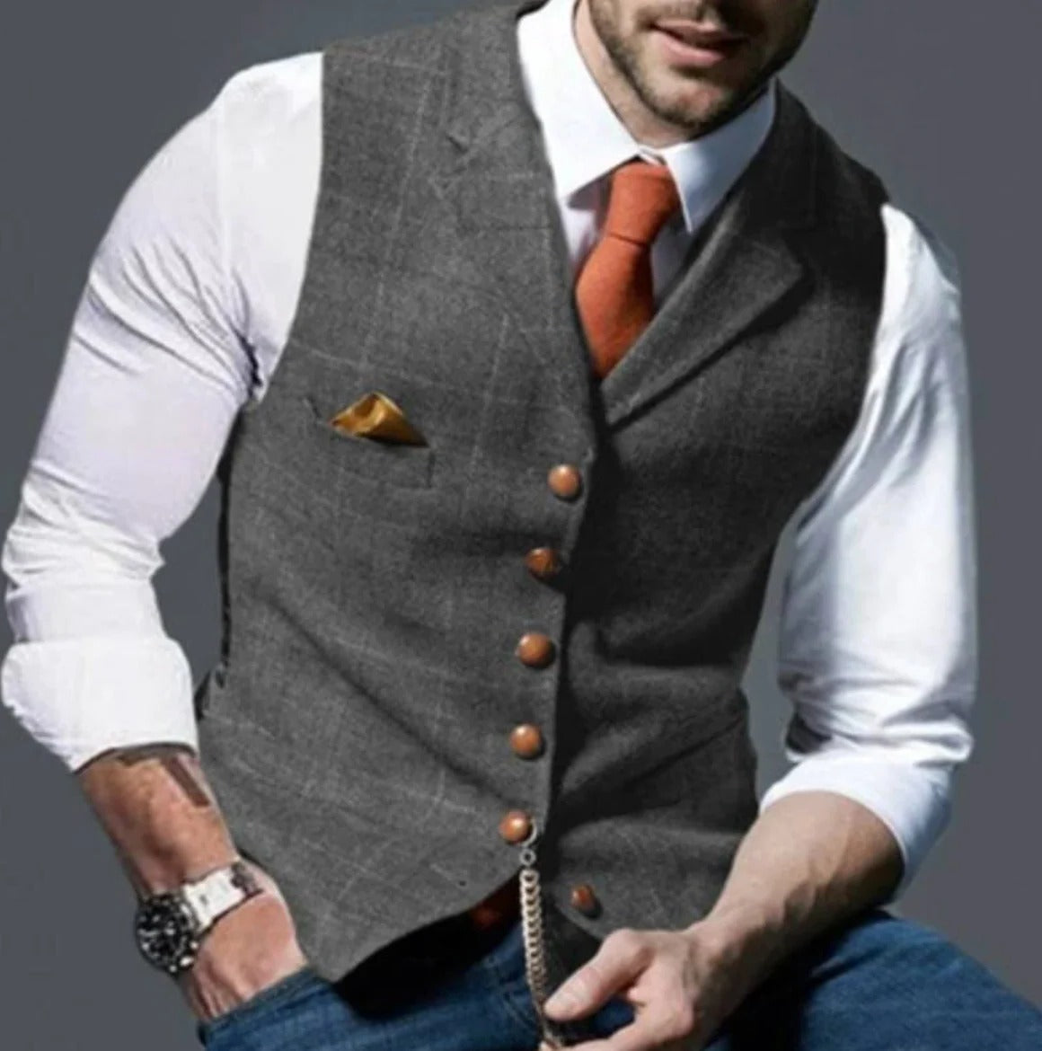 Men's vintage charcoal waistcoat modern slim fit classic tailoring V-neck formal casual style