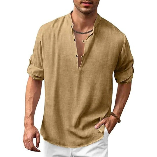 Men's linen-look dress shirt modern shaped fit versatile casual formal long sleeve