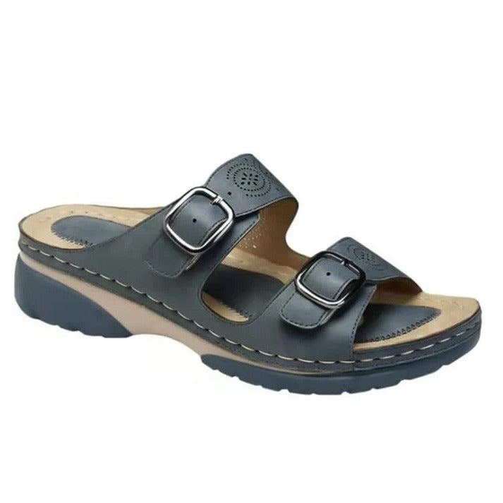 Women's beige orthopedic sandals with adjustable double buckle straps and ergonomic arch support footbed