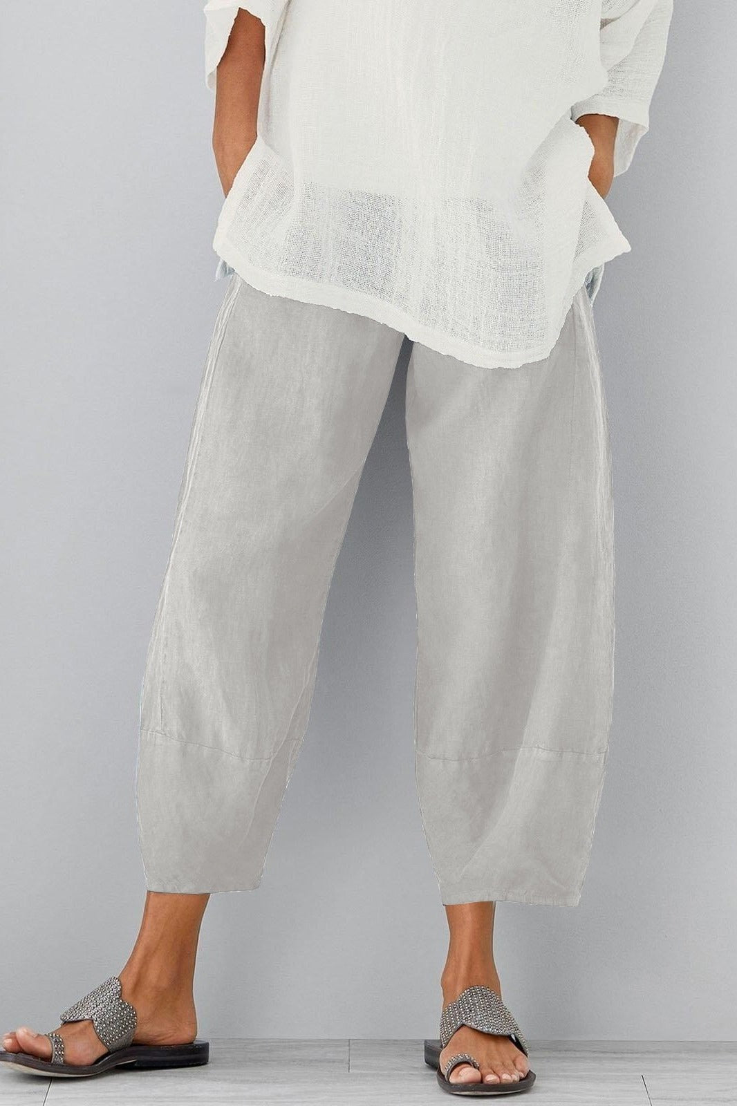 Women's casual loose wide-leg pants with pockets, high-rise elastic waist, relaxed everyday style
