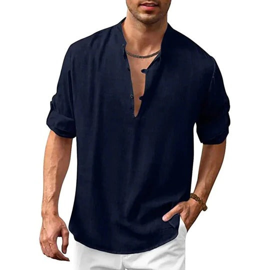 Men's linen-look long sleeve shirt modern shaped fit versatile casual formal wear