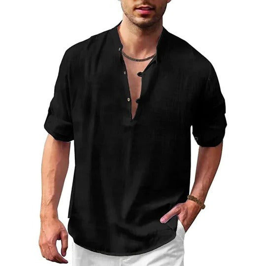 Men's linen-look long sleeve shirt modern shaped fit versatile casual formal wear neutral tone