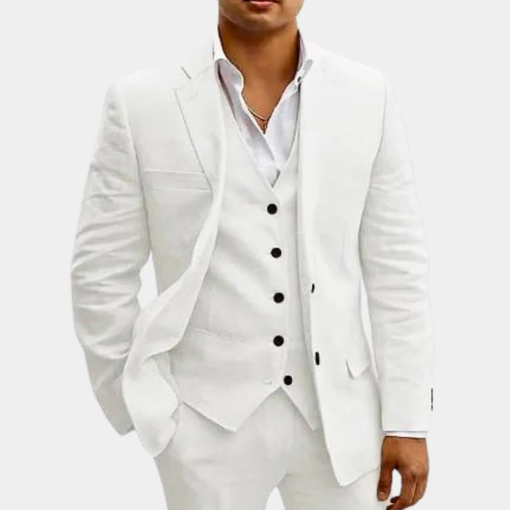 Men's light beige three-piece summer suit slim-fit breathable jacket waistcoat trousers for weddings
