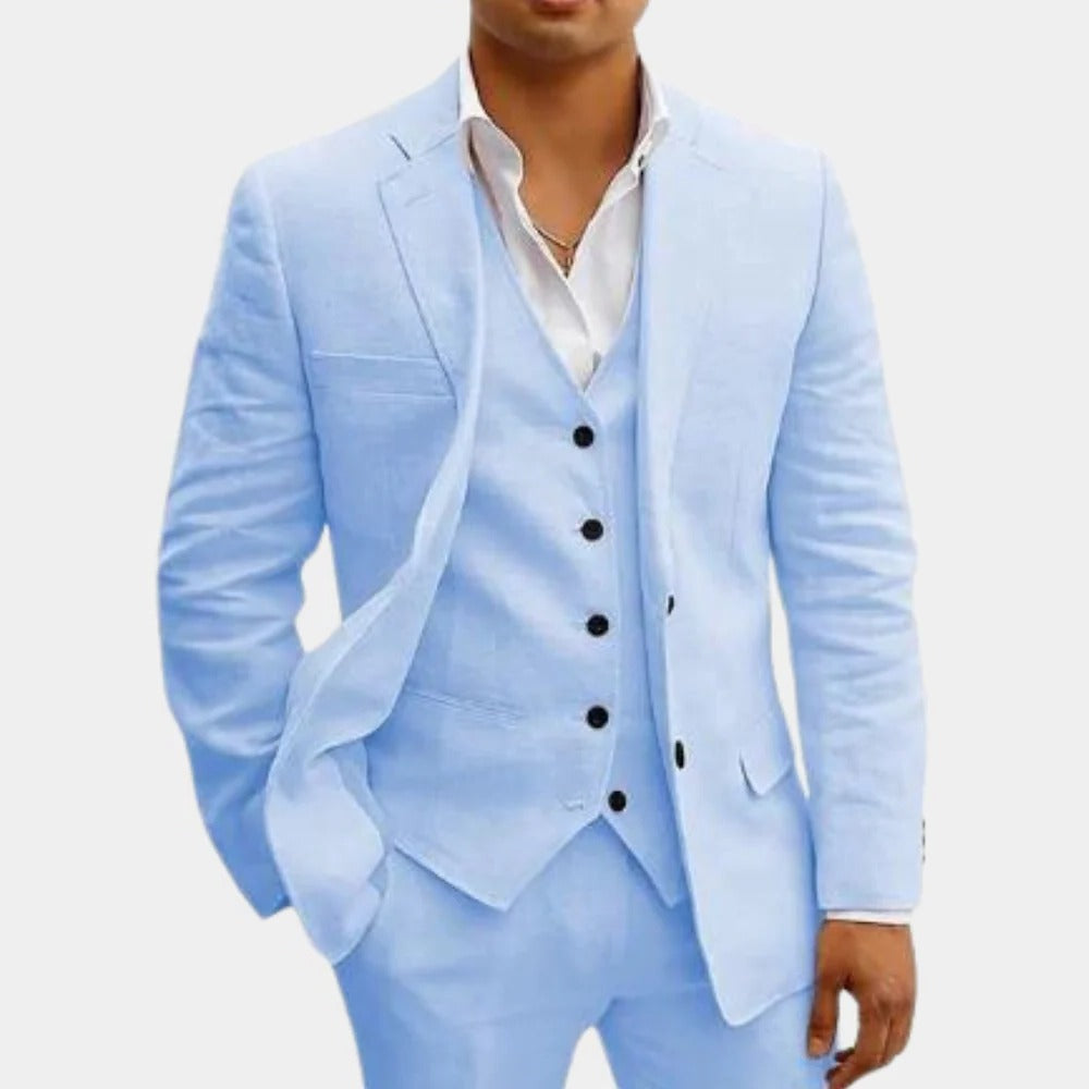 Men's light beige three-piece slim-fit summer suit with matching waistcoat for weddings