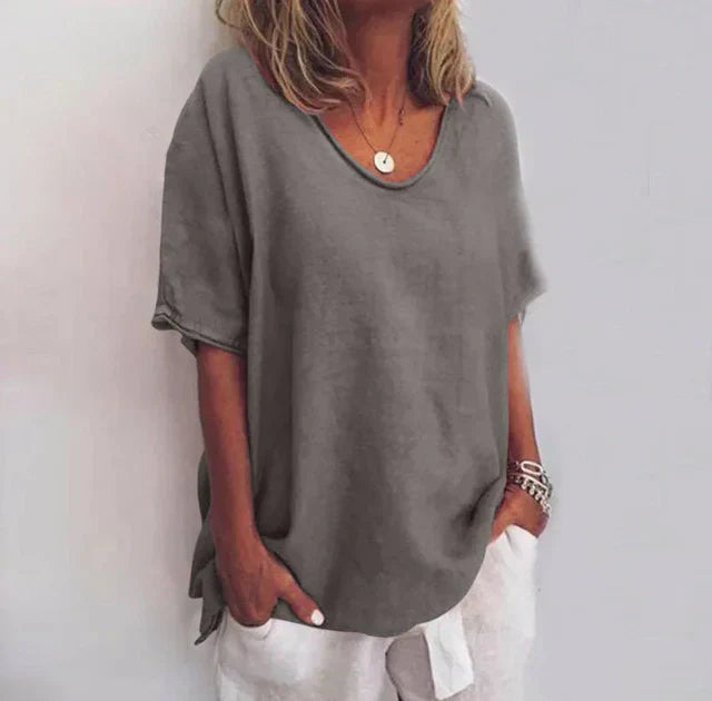 Beatrice women's lightweight white V-neck blouse breathable summer top effortless chic style