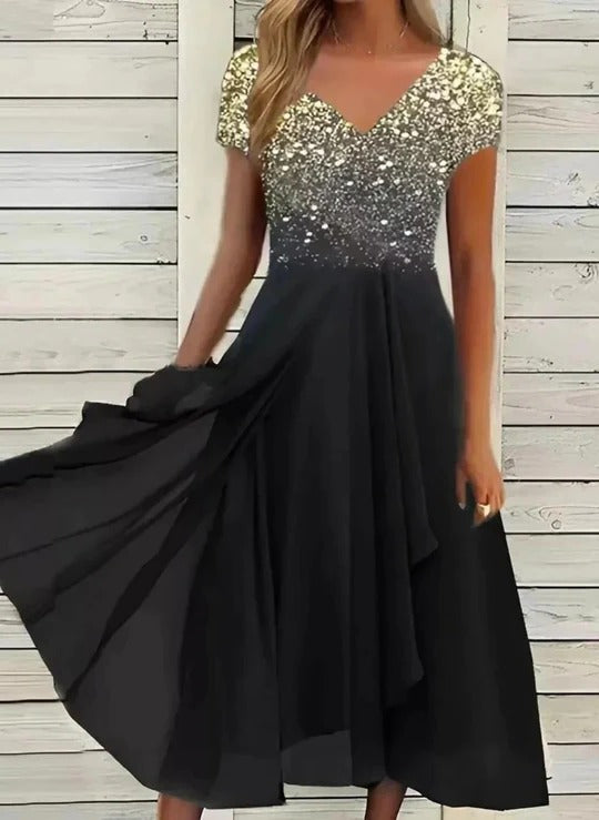 Women's flowing elegant party dress refined silhouette open-shoulder detail for formal evening events