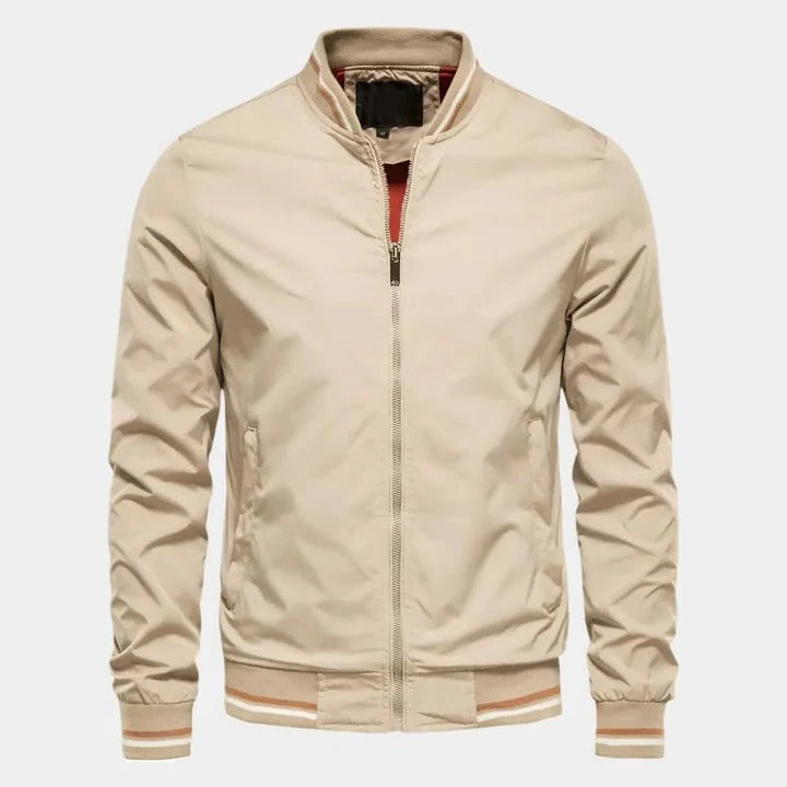 Lightweight unisex bomber jacket in neutral tone, ribbed collar, full-zip closure, regular straight cut